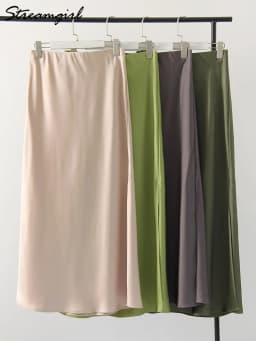 Streamgirl Maxi Solid Slit Skirts For Women Long Elegant Summer Office Champagne Satin Skirts Elastic Waist Women's Summer Skirt