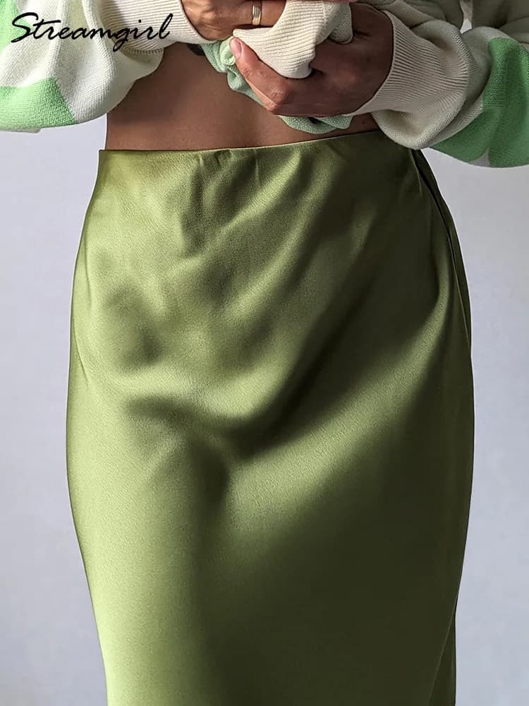 Streamgirl Maxi Solid Slit Skirts For Women Long Elegant Summer Office Champagne Satin Skirts Elastic Waist Women's Summer Skirt