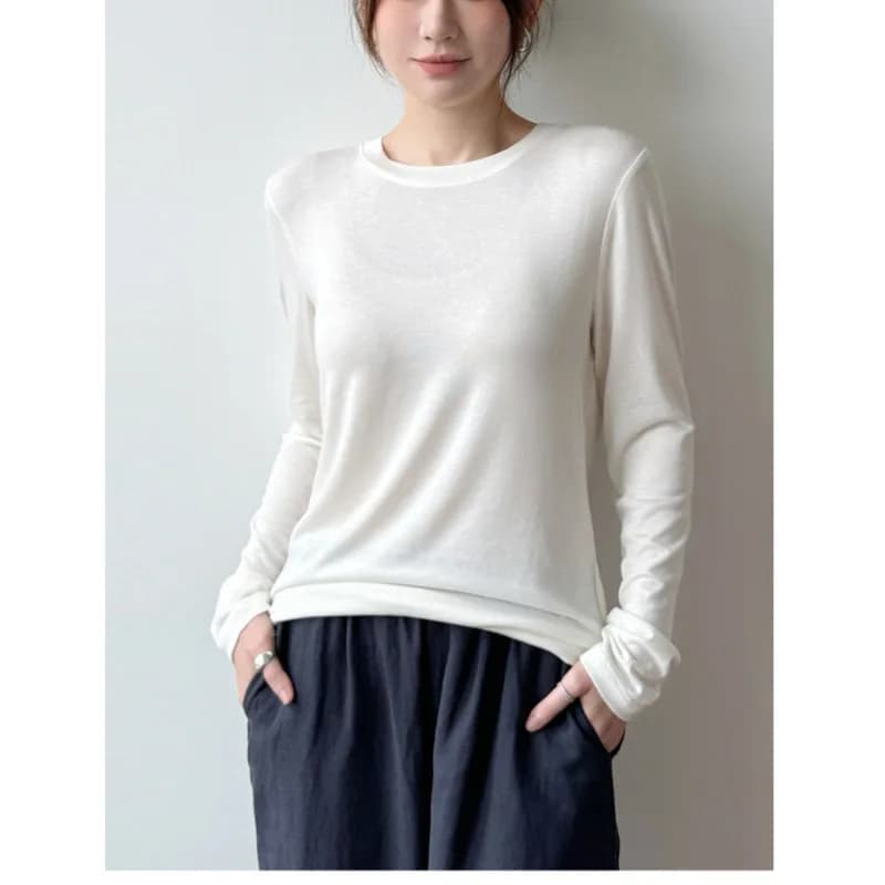 Women's Acetate Soft Long Sleeve T-shirt Spring Autumn Round Neck Thin Basic High Elasticity Tops