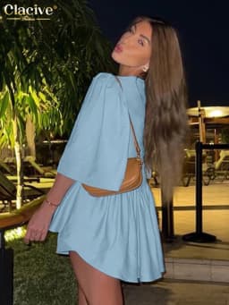 Clacive Summer Loose Blue Cotton Shorts Set 2 Piece Woman 2025 Fashion Short Sleeve Shirt With High Waist Shorts Set Streetwear