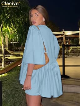 Clacive Summer Loose Blue Cotton Shorts Set 2 Piece Woman 2025 Fashion Short Sleeve Shirt With High Waist Shorts Set Streetwear