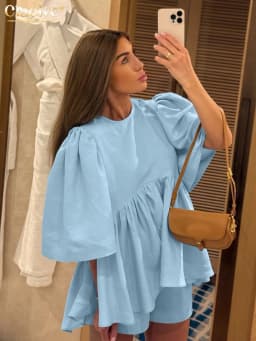 Clacive Summer Loose Blue Cotton Shorts Set 2 Piece Woman 2025 Fashion Short Sleeve Shirt With High Waist Shorts Set Streetwear