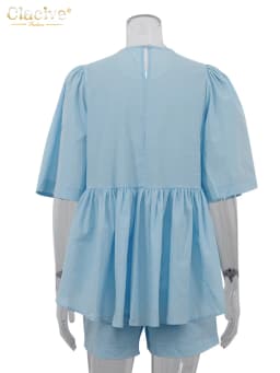 Clacive Summer Loose Blue Cotton Shorts Set 2 Piece Woman 2025 Fashion Short Sleeve Shirt With High Waist Shorts Set Streetwear