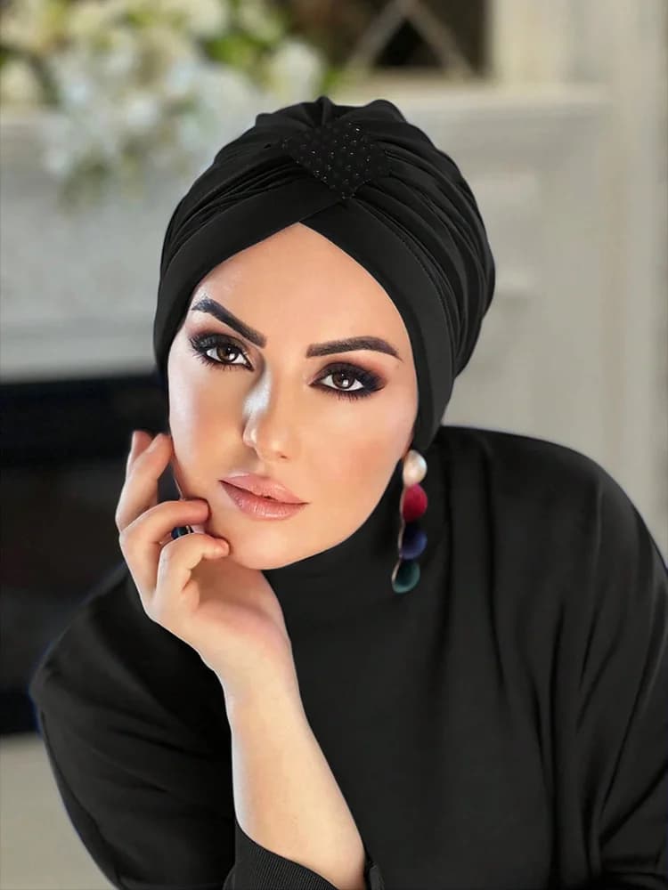 Women Hijab Caps Elastic Fabric Diamonds Muslim Instant Turban Bonnet Ready To Wear Hijabs Hot fix Decoration
