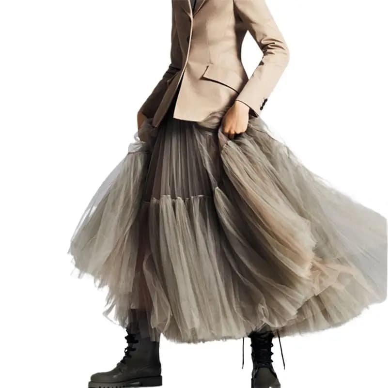 Summer High Waist Long Tulle Skirts for Women Solid Color A-Line Tutu Mesh Clothing Spring Autumn Female Pleated Skirts