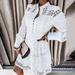 Fashion Womens Dress New 2023 White Hollow Pattern Spliced Long Sleeve Shirt Dresses for Women