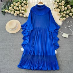 ANLAN 2026 Autumn New Pleated Dress Fashion Lapel Ruffle Sleeves Solid Color Loose Dresses Elegant women's clothing 7AK30392