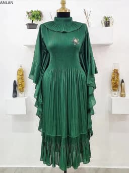 ANLAN 2026 Autumn New Pleated Dress Fashion Lapel Ruffle Sleeves Solid Color Loose Dresses Elegant women's clothing 7AK30392