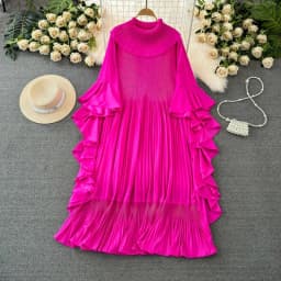 ANLAN 2026 Autumn New Pleated Dress Fashion Lapel Ruffle Sleeves Solid Color Loose Dresses Elegant women's clothing 7AK30392