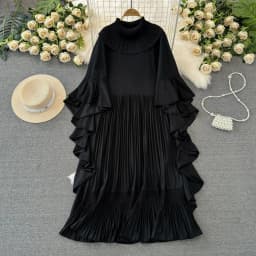 ANLAN 2026 Autumn New Pleated Dress Fashion Lapel Ruffle Sleeves Solid Color Loose Dresses Elegant women's clothing 7AK30392