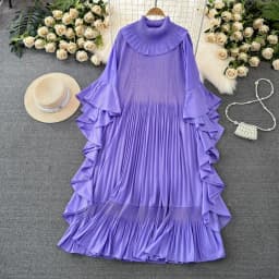 ANLAN 2026 Autumn New Pleated Dress Fashion Lapel Ruffle Sleeves Solid Color Loose Dresses Elegant women's clothing 7AK30392