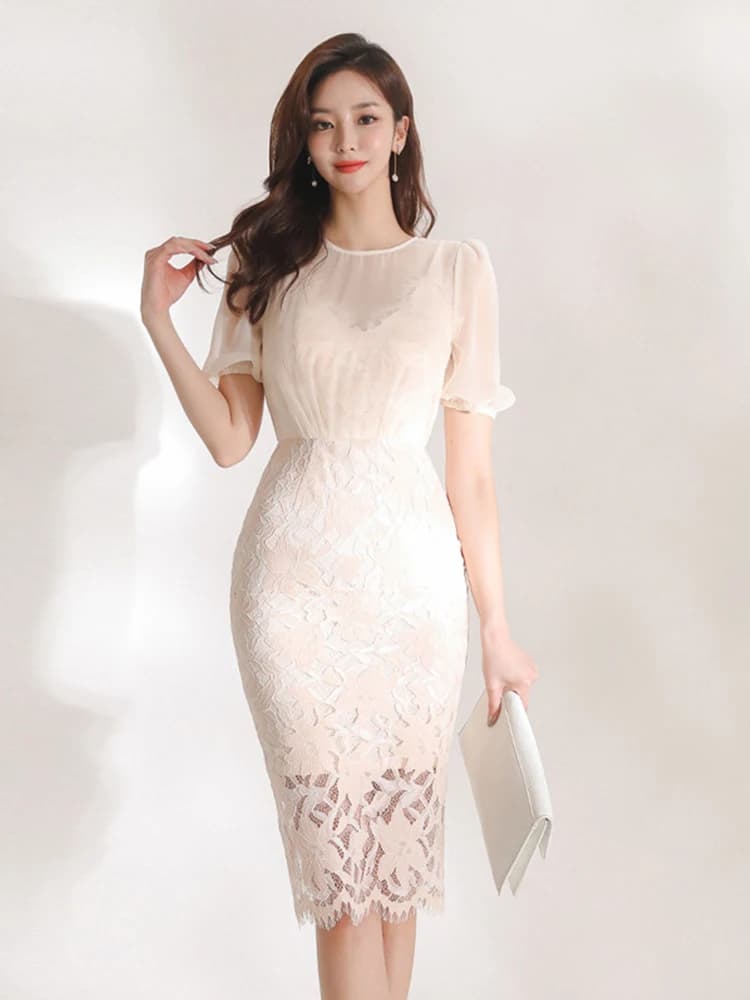 Summer Formal Occasion Dress For Women Elegant Lady Chic Lace Sheer Short Sleeve Wrap Hip Midi Party Prom Mujer Vestidos Street