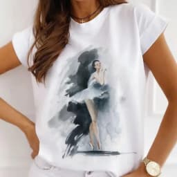 Stylish African Women's Watercolor Ballerina Girl Cute Cartoon Short Sleeve T-shirt Summer Tops Vintage Clothes Oversized Tee