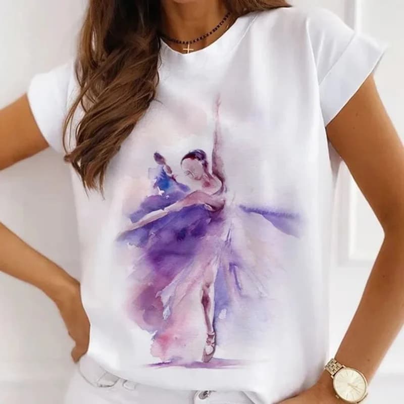 Stylish African Women's Watercolor Ballerina Girl Cute Cartoon Short Sleeve T-shirt Summer Tops Vintage Clothes Oversized Tee