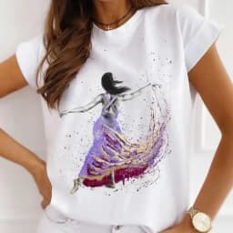Stylish African Women's Watercolor Ballerina Girl Cute Cartoon Short Sleeve T-shirt Summer Tops Vintage Clothes Oversized Tee