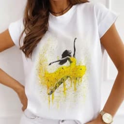Stylish African Women's Watercolor Ballerina Girl Cute Cartoon Short Sleeve T-shirt Summer Tops Vintage Clothes Oversized Tee
