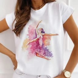 Stylish African Women's Watercolor Ballerina Girl Cute Cartoon Short Sleeve T-shirt Summer Tops Vintage Clothes Oversized Tee