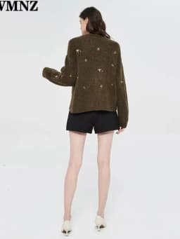 XNWMNZ women Vintage knit cardigan with embroidery Long sleeves V-neck Cardigan Female Elegant sweater autumn coat women 2022
