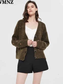 XNWMNZ women Vintage knit cardigan with embroidery Long sleeves V-neck Cardigan Female Elegant sweater autumn coat women 2022