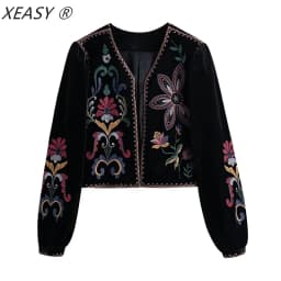 XESAY Women Winter Jacket 2022  Embroidery Coat Long Sleeve Outerwear O-Neck  Vintage Open Stitch  Casual Velvet Waist Coat