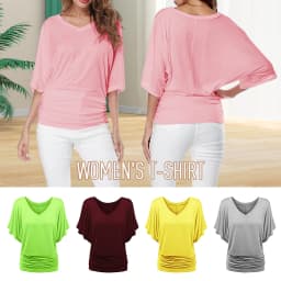 Classic Casual Batwing Blouse Plus Size V-neck Short Sleeve Pink Grey Basic Solid Loose T-shirt Pullover Tops Female Summer Tees