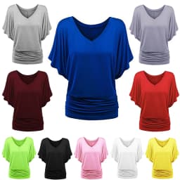 Classic Casual Batwing Blouse Plus Size V-neck Short Sleeve Pink Grey Basic Solid Loose T-shirt Pullover Tops Female Summer Tees