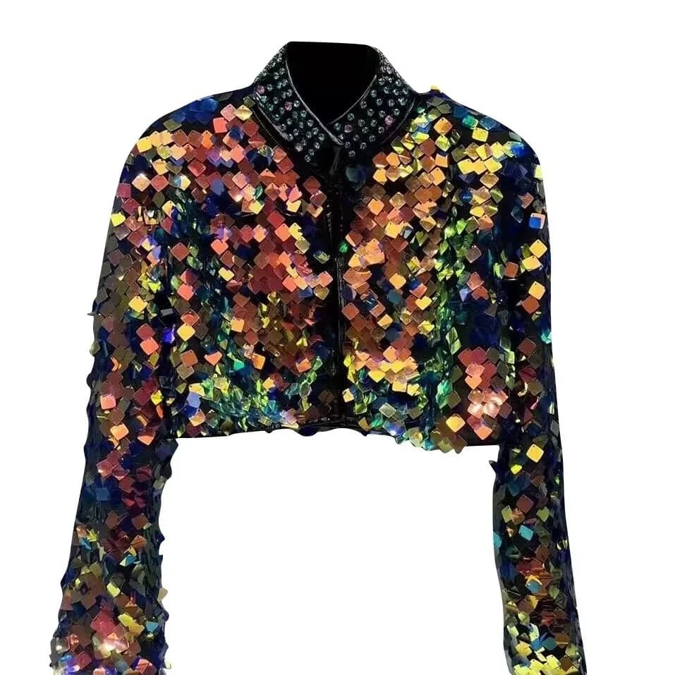 2026 Spring New Short Jackets Women Streetwear Colorful Gradient Sequins Heavy Industry Water Diamond Stand Collar Short Jackets