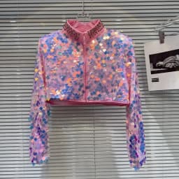 2026 Spring New Short Jackets Women Streetwear Colorful Gradient Sequins Heavy Industry Water Diamond Stand Collar Short Jackets