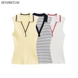 KEYANKETIAN Summer New Women's Striped Polo collar Sleeveless Knitted Top Preppy Style Slim Thin Knit Vest Threaded Pullover