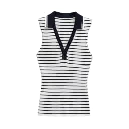 KEYANKETIAN Summer New Women's Striped Polo collar Sleeveless Knitted Top Preppy Style Slim Thin Knit Vest Threaded Pullover