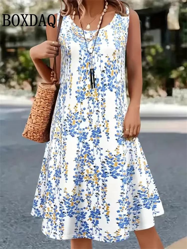 Summer Retro Plant Flowers Print Dress Women Round Neck Sleeveless Vest Dress Casual Vacation Beach Loose Sundress Women's Dress
