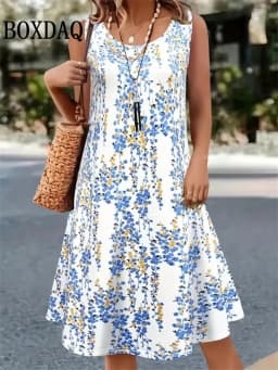 Summer Retro Plant Flowers Print Dress Women Round Neck Sleeveless Vest Dress Casual Vacation Beach Loose Sundress Women's Dress