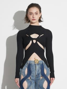 TWOTWINSTYLE Solid Hollow Out Slimming Knitting Sweaters For Women Round Neck Long Sleeve Twist Front Casual Sexy Sweater Female