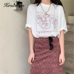 Hirsionsan Abstract Line Printed T Shirt Women Funny Graphic Soft Loose Female Tees Cotton Summer Casual Tops Khaki Tshirts 2023
