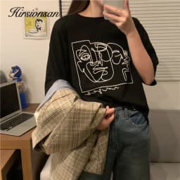 Hirsionsan Abstract Line Printed T Shirt Women Funny Graphic Soft Loose Female Tees Cotton Summer Casual Tops Khaki Tshirts 2023