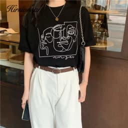 Hirsionsan Abstract Line Printed T Shirt Women Funny Graphic Soft Loose Female Tees Cotton Summer Casual Tops Khaki Tshirts 2023