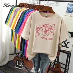 Hirsionsan Abstract Line Printed T Shirt Women Funny Graphic Soft Loose Female Tees Cotton Summer Casual Tops Khaki Tshirts 2023