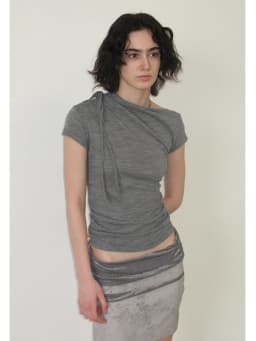 CHEERART Grey Solid T Shirts Woman 2025 Summer Slash Neck Short Sleeve Crop Top Designer Tees Fashion Clothes