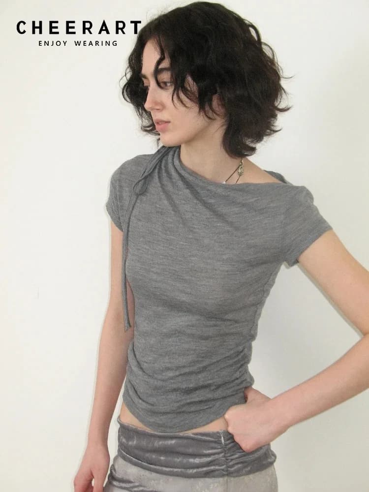 CHEERART Grey Solid T Shirts Woman 2025 Summer Slash Neck Short Sleeve Crop Top Designer Tees Fashion Clothes
