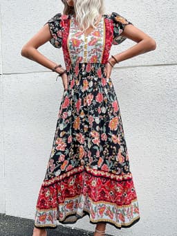 Vintage Floral Boho Printed Vestidos Women Short Sleeves V Neck Slit Midi Dresses A Line Bohemian Summer Beach Dress