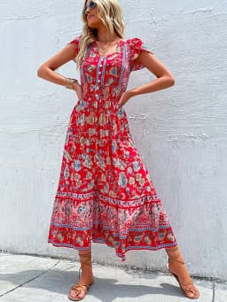 Vintage Floral Boho Printed Vestidos Women Short Sleeves V Neck Slit Midi Dresses A Line Bohemian Summer Beach Dress