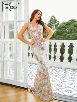 Missord New Elegant Beautiful Women V Neck Floral Sequin Sleeveless Mermaid Evening Formal Occasion Wedding Birthday Party Dress