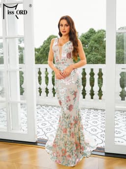Missord New Elegant Beautiful Women V Neck Floral Sequin Sleeveless Mermaid Evening Formal Occasion Wedding Birthday Party Dress