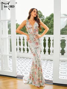 Missord New Elegant Beautiful Women V Neck Floral Sequin Sleeveless Mermaid Evening Formal Occasion Wedding Birthday Party Dress