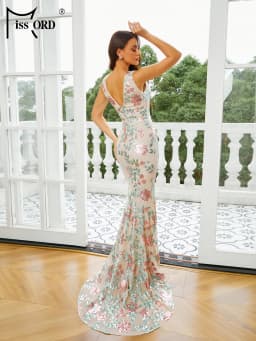 Missord New Elegant Beautiful Women V Neck Floral Sequin Sleeveless Mermaid Evening Formal Occasion Wedding Birthday Party Dress