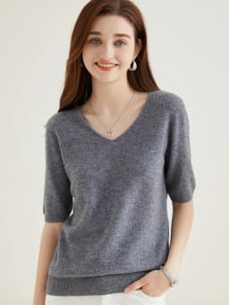 Women's Sweater 100% Merino Wool Sweater for Women Pullover Short Sleeve Tops Spring Summer V Neck Soft Knitted Female Clothing