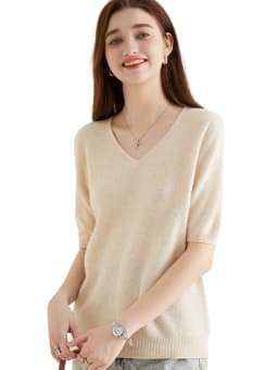 Women's Sweater 100% Merino Wool Sweater for Women Pullover Short Sleeve Tops Spring Summer V Neck Soft Knitted Female Clothing