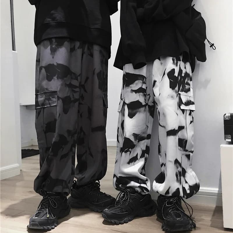 testtestKorean Wide Leg Pants Women Harajuku Street Vintage Tie-dye Cargo Pants Casual Loose Couple Trousers Big Pocket