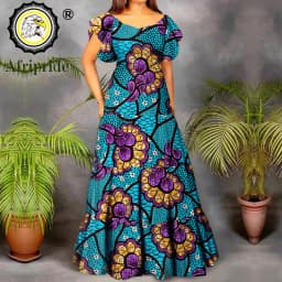 African Dresses for Women Short Sleeve High Waist Dashiki Outfits Ankara Print Attire Maxi Dress Party Wedding Evening A2225021