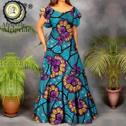 African Dresses for Women Short Sleeve High Waist Dashiki Outfits Ankara Print Attire Maxi Dress Party Wedding Evening A2225021